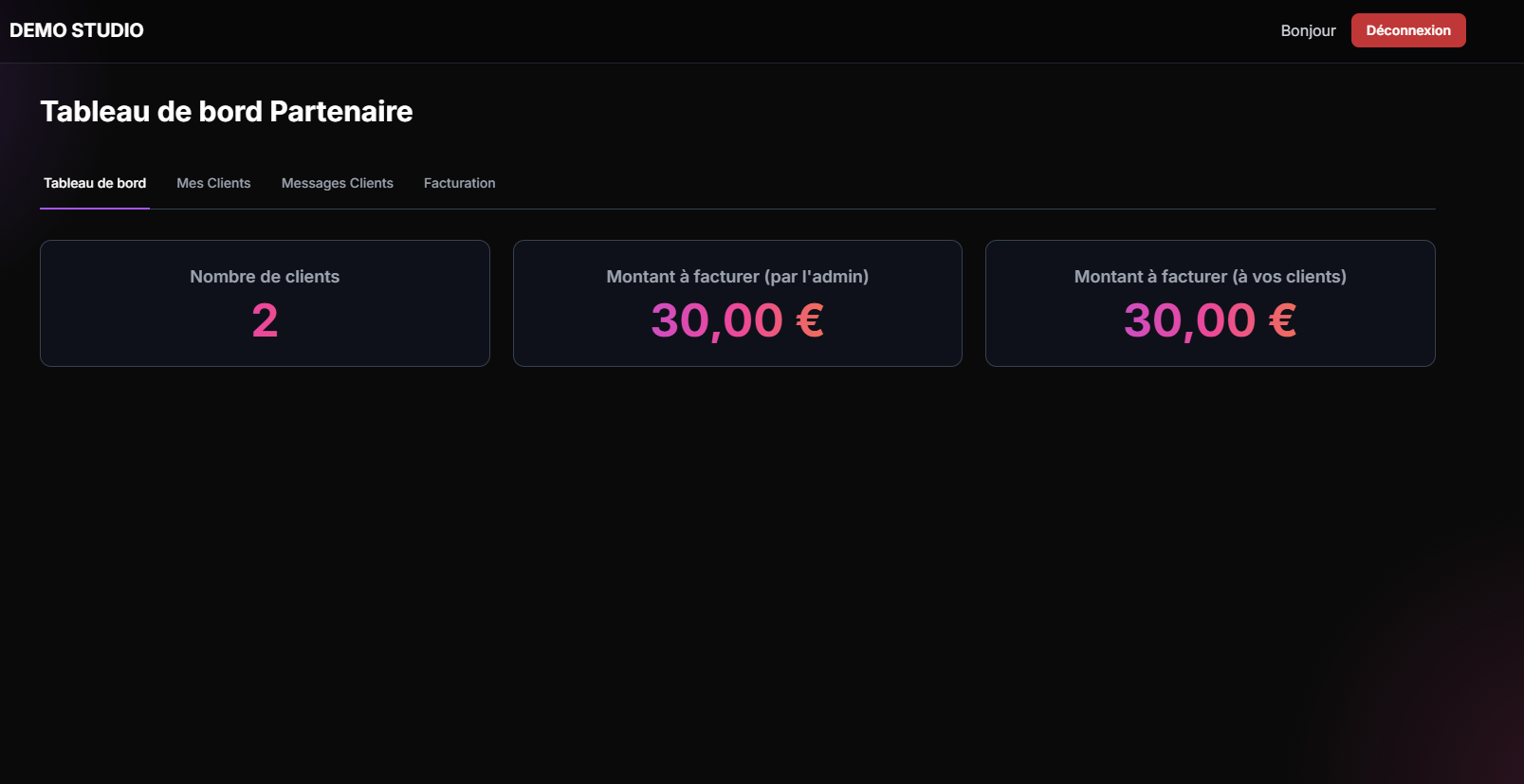 Aperçu de l'interface partenaire 1