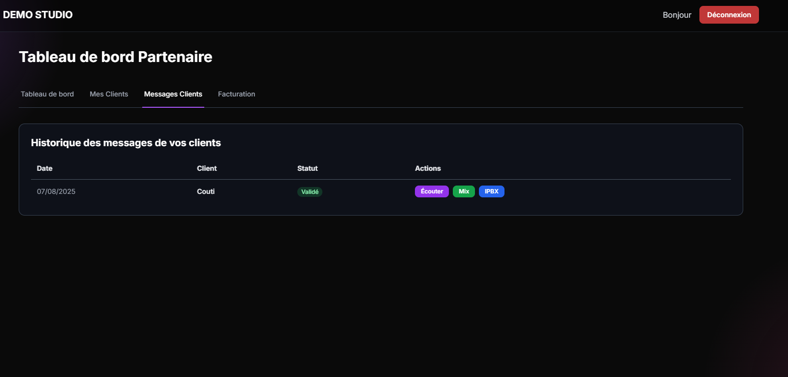 Aperçu de l'interface partenaire 4